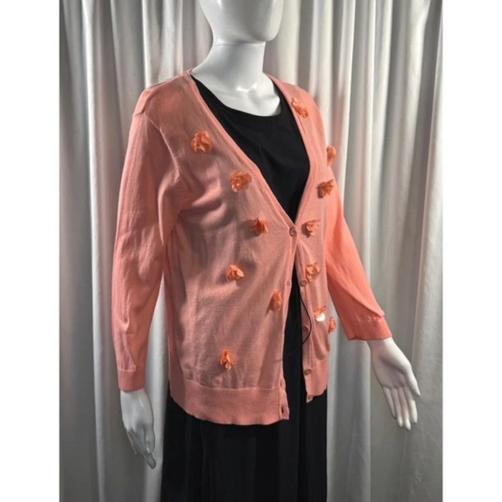 Ann‎ Taylor Loft Peach Coral Cotton 3D Floral Applique V-Neck Cardigan L 79-07 - Picture 8 of 13